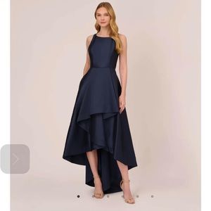 ADRIANNA PAPELL. HIGH LOW MIKADO GOWN WITH ASYMMETRICAL DETAIL IN MIDNIGHT.